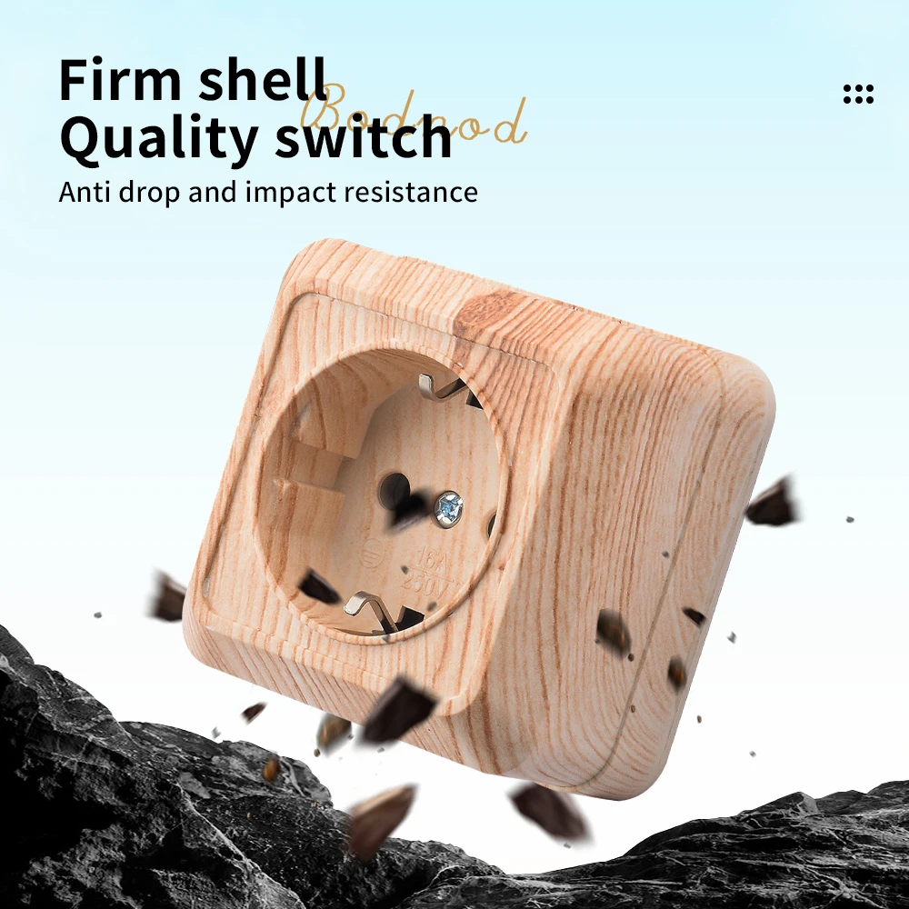 WESA Wood Wall Surface Socket Plug EU Electrical Outlets Ground Imitation Wooden Outdoor Power Socket Flame Retardant Plastic