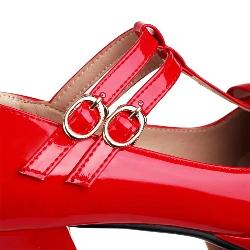 Plus Size Women Platform Mary Janes Sweet Red Pink Patent Leather High Chunky Heels Party Bowknot Round Toe T-strap Lolita Shoes