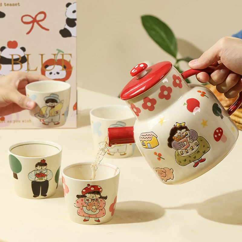 

Cute Tea Set Four Cups One Pot Moving House Festival Guest Arrival Wedding Activi Hand-Painted Korean Sle Diningware