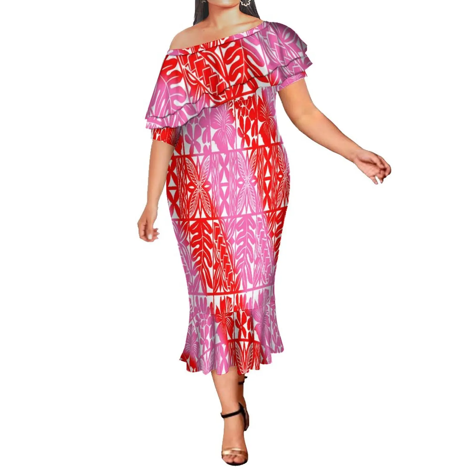 2022 1 MOQ Oversize 8XL Big People Fashion Double Ruffle Mermaid Dress Tongan Polynesian Off Shoulder Fishtail Dresses For Club