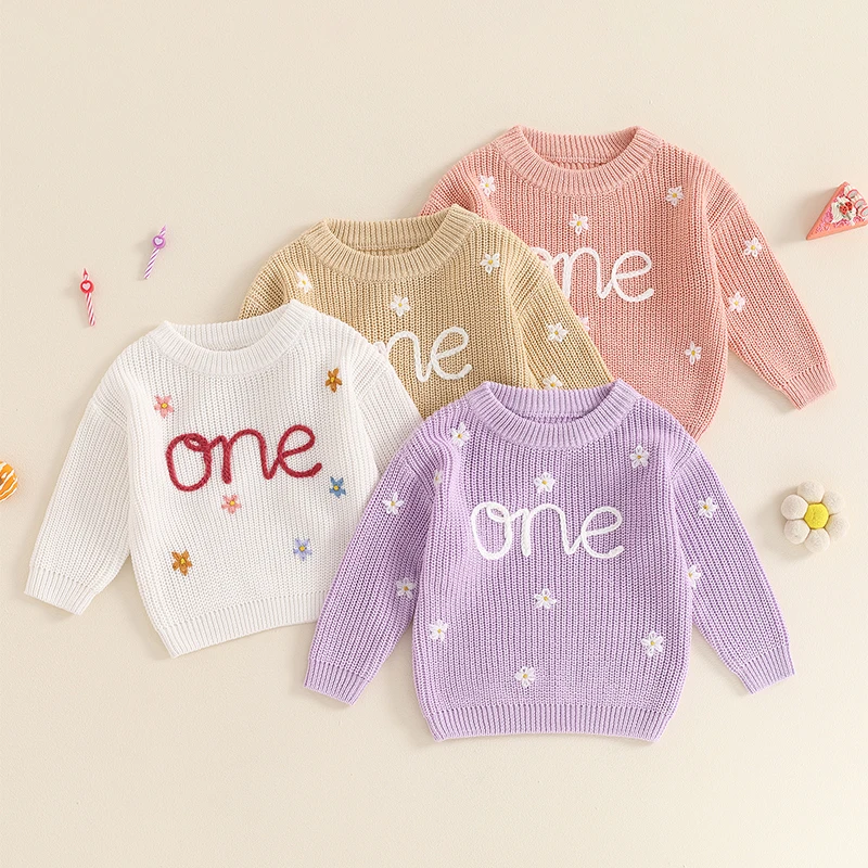 Baby Girl First Birthday Outfit One Embroidery Sweater Pullover Oversized Knit 1st Birthday Winter Cute Clothes