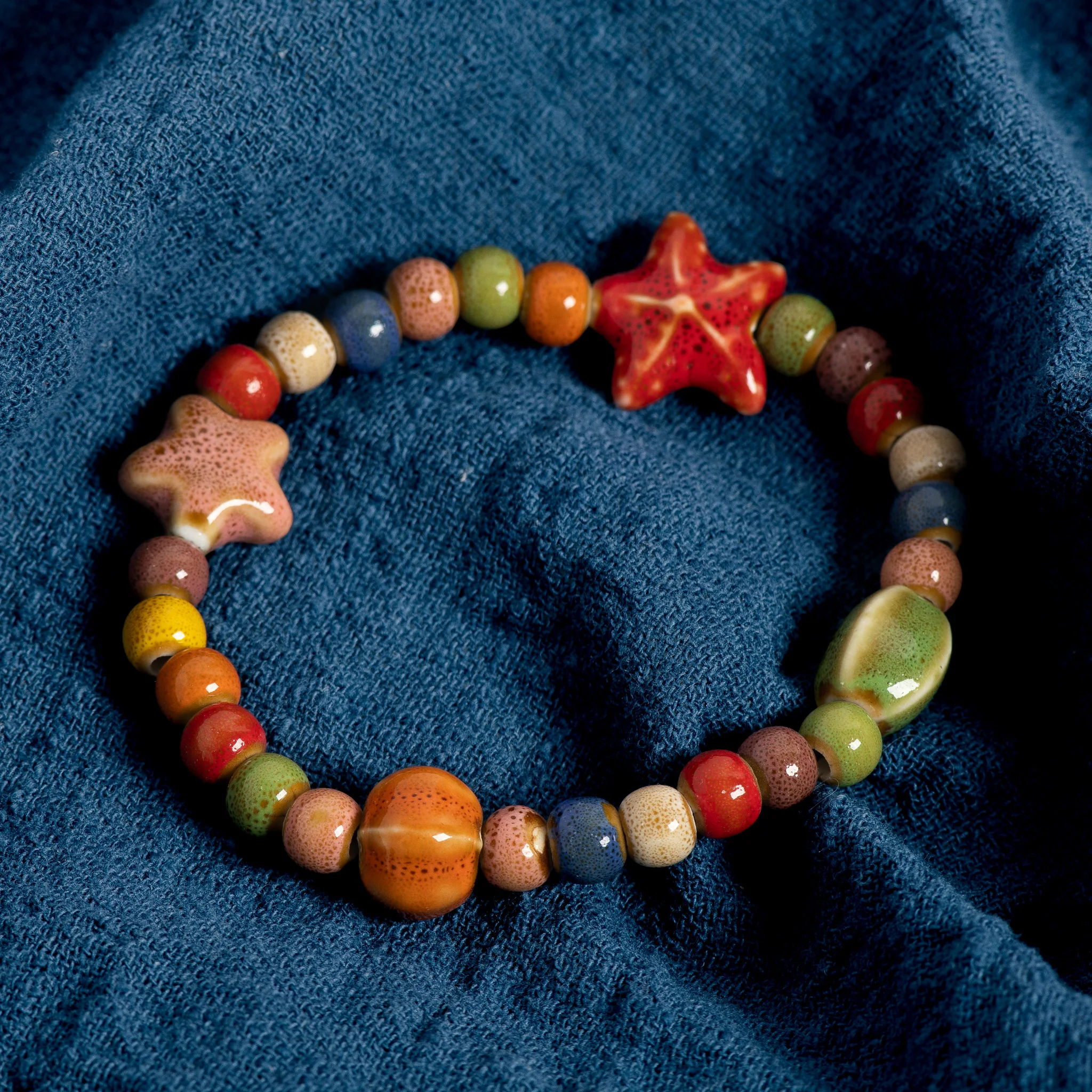 Handmade Colorful Starfish & Seashell Ceramic Beaded Bracelet Boho Beach Jewelry Elastic Wristband for Women & Teens S001186 image 3