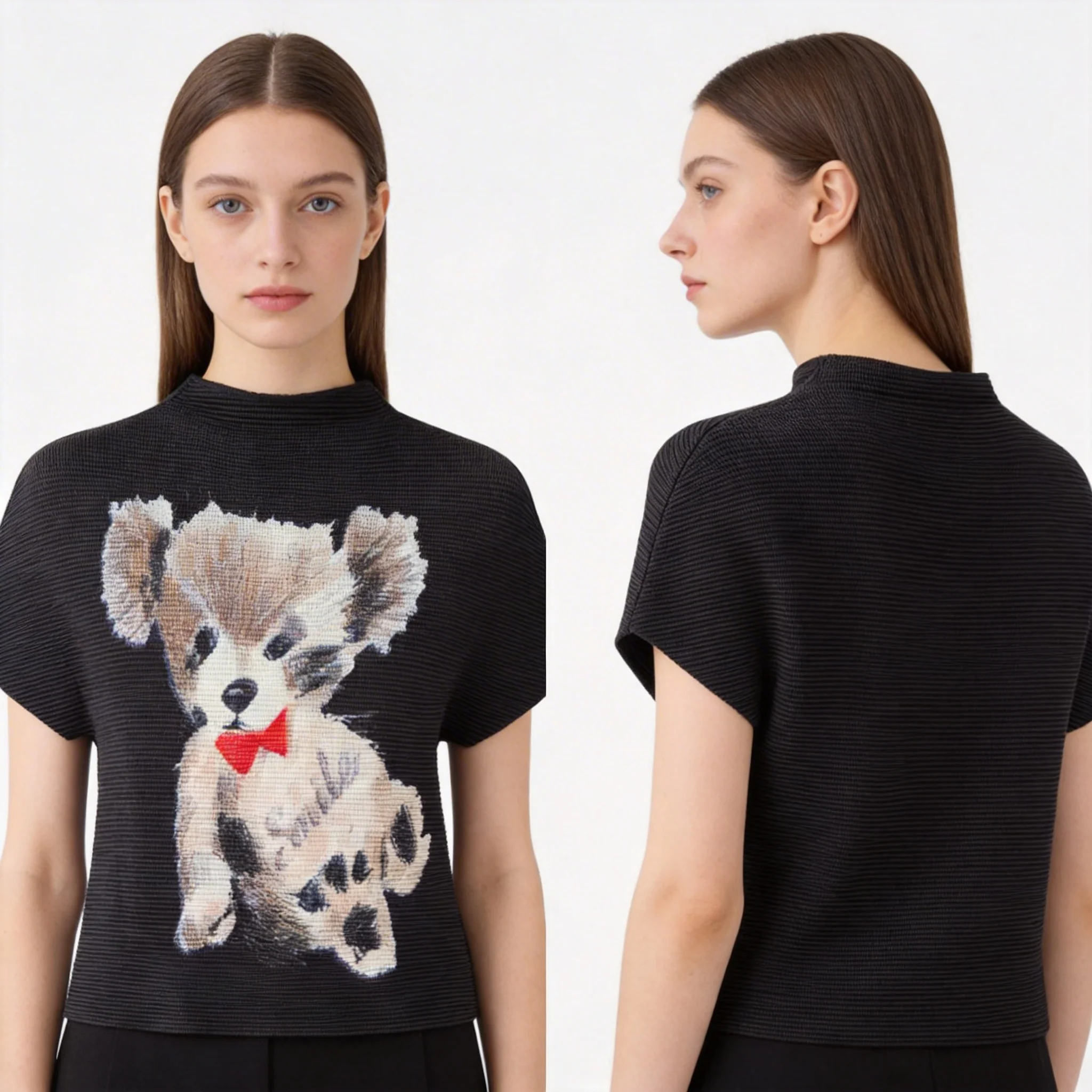 

Miyake Women's Cornfold Tight Printed T-Shirt Thin Pullover Half Turtle Neck Short Sleeve Fashion Women's 2026 Summer Tops