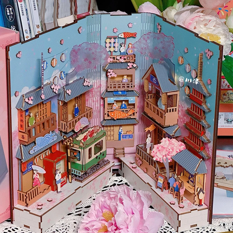 De madeira Miniatura Livro Nook Modelo Kit, DIY Flores De Cereja Bookend Montado, 3D Puzzle Estante, Home Decor, Adultos Presentes De Natal, Novo