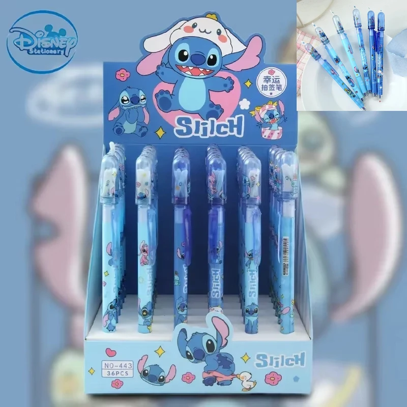 

Гелевая ручка Disney Stitch, 36 шт., 0,5 мм, стираемая, синяя, новая, с героями мультфильмов, высокое качество, милые студенческие канцелярские принадлежности для обучения, офисные принадлежности, день рождения