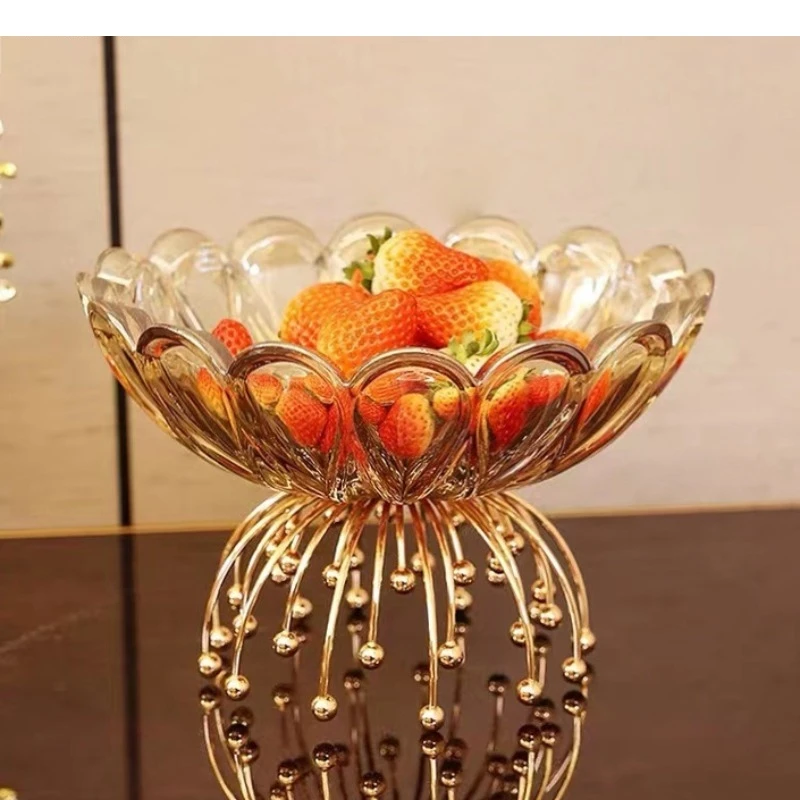 

European Light Luxury Fruit Plate Metal Glass High Foot Wedding Party Snack Candy Storage Decoration