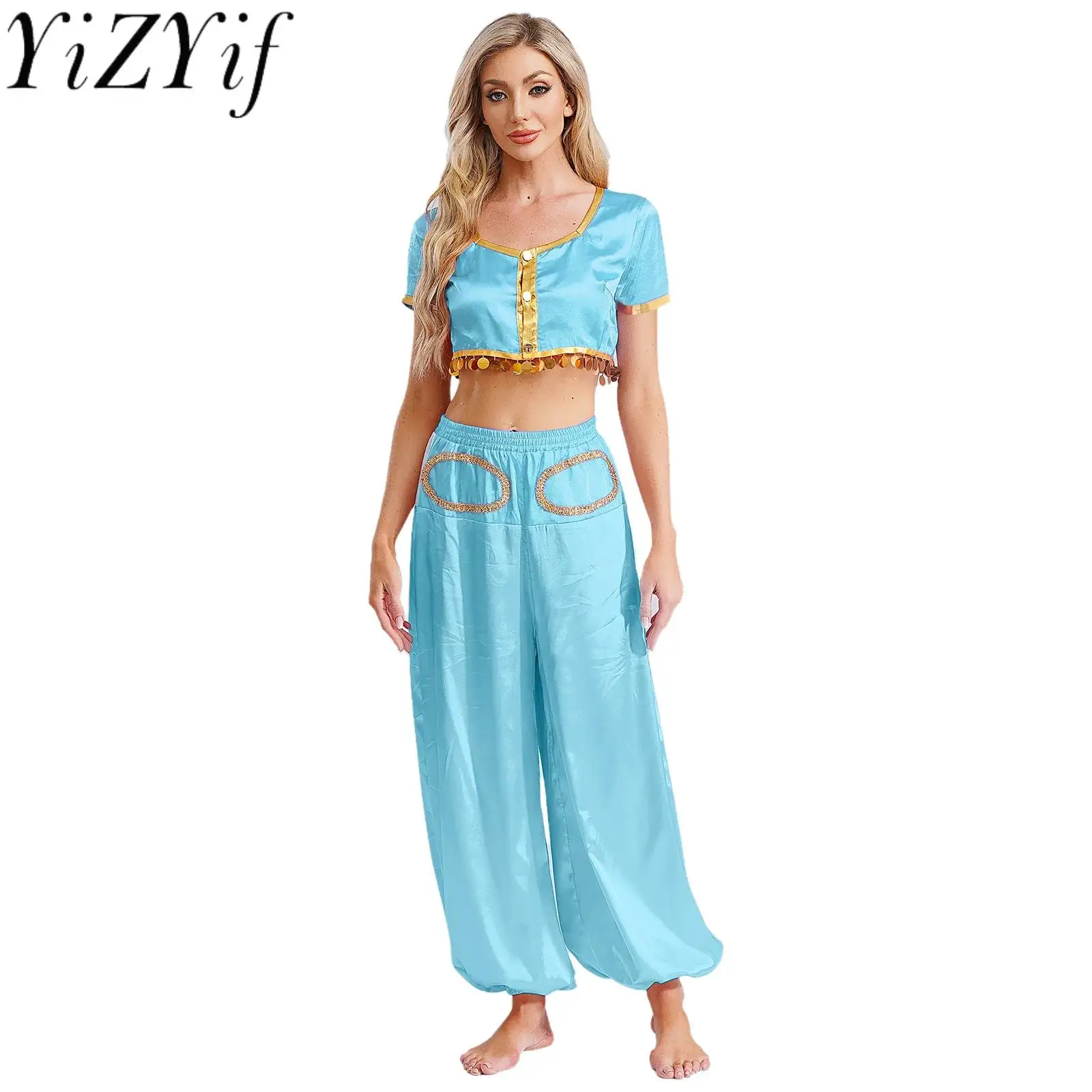 

Женский традиционный арабский индийский карнавальный костюм на Хэллоуин, мини-укороченный топ с шаровары, брюки для танца живота, наряды для выступлений