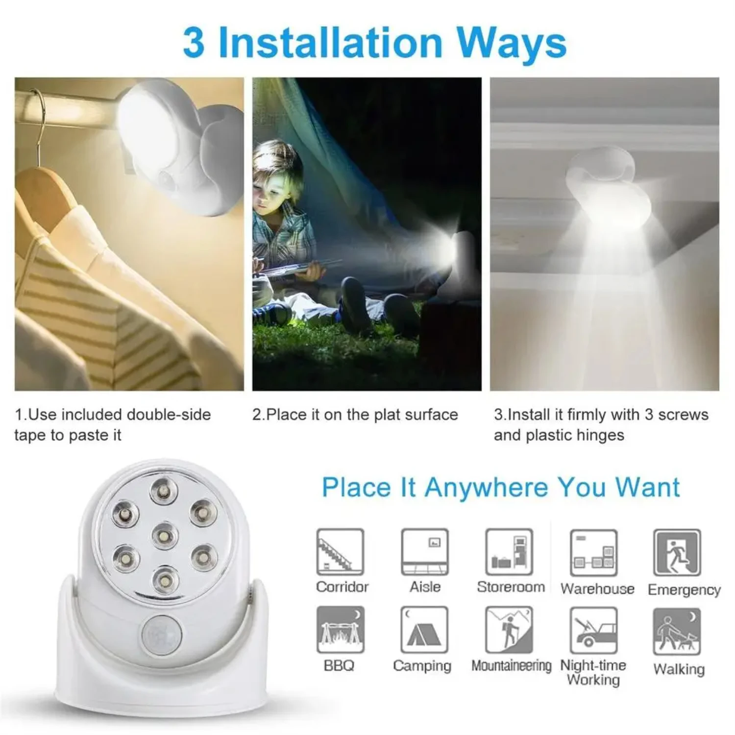 LED Motion Sensor Night Light, lâmpada de parede giratória, exterior, interior, sem fio, escadas, Novo