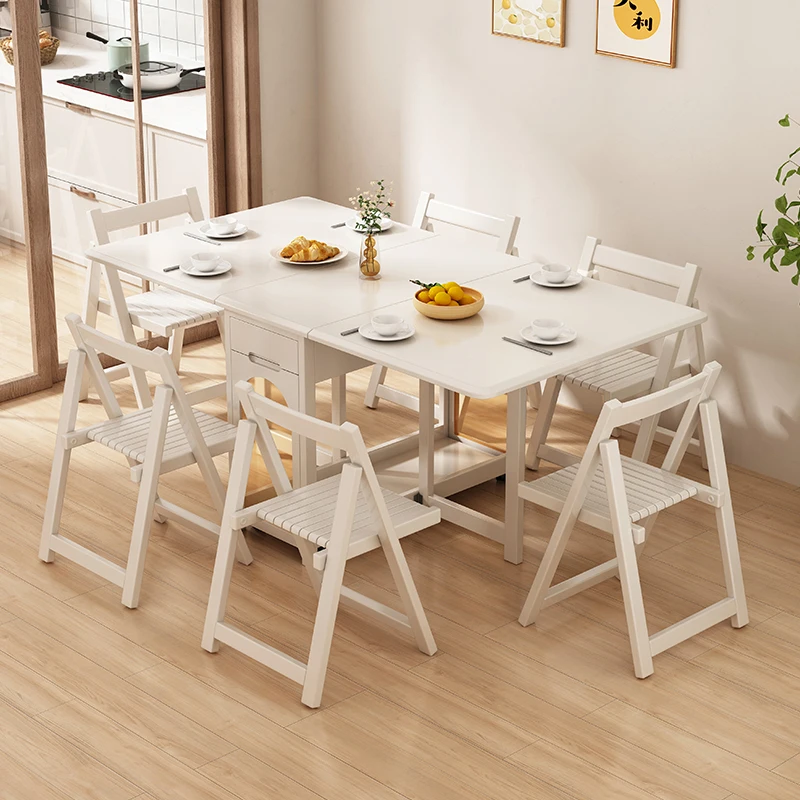 Cream wind solid wood dining table modern simple small apartment foldable mobile telescopic multi-functional storage dining tabl
