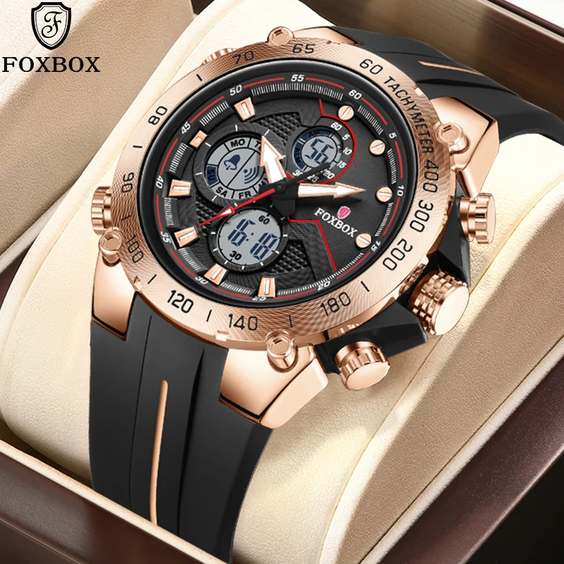 LIGE Design FOXBOX Electronic Watches for Man Outdoor Casual Sports Silicone Waterproof Alarm Dual Digital Display Men Watch New