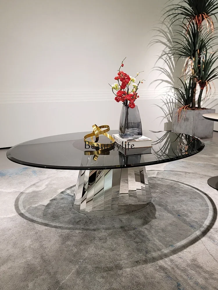 z.56*parts and accessories*Oval stainless steel minimalist modern living room tempered glass coffee table