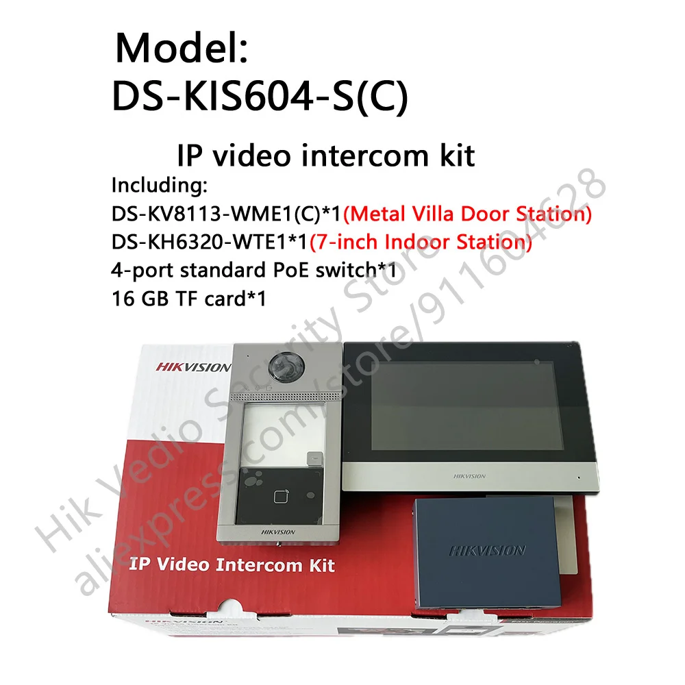 

Hikvision DS-KIS604-S(C) IP Video Intercom Kit DS-KV8113-WME1(C) one call button and DS-KH6320-WTE1 7-inch TFT touch screen