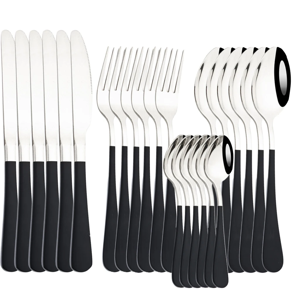 

AJOYOUS 24Pcs Cutlery Set Black Silver Dinnerware Western Knife Fork Spoon Flatware Stainless Steel Cutlery Kitchen Silverware