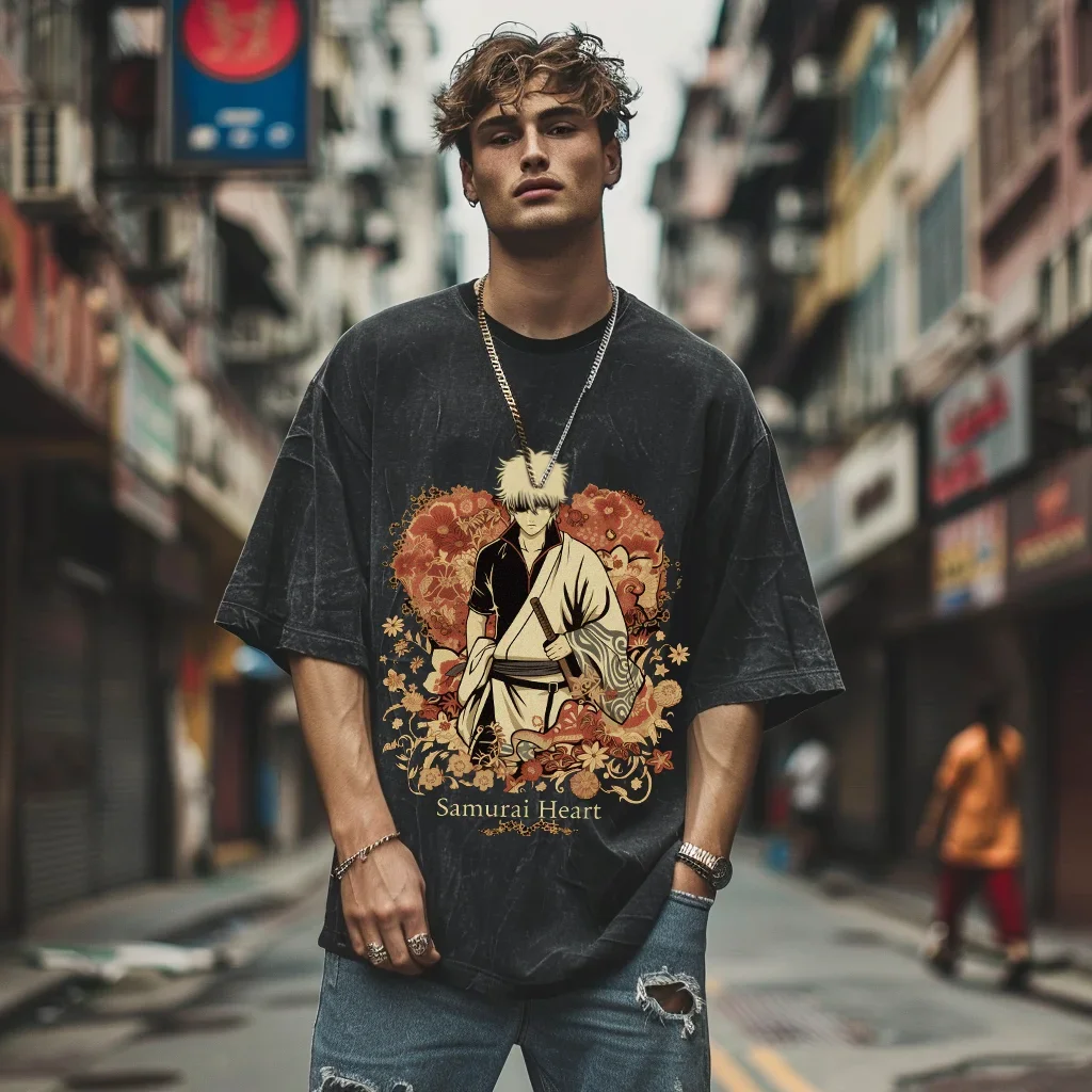 

Anime Washed Tshirt, Samurai Heart Sakata Gintoki tshirt 3, Oversized Streetwear Vintage Washed T-shirts For Men Women's Tops