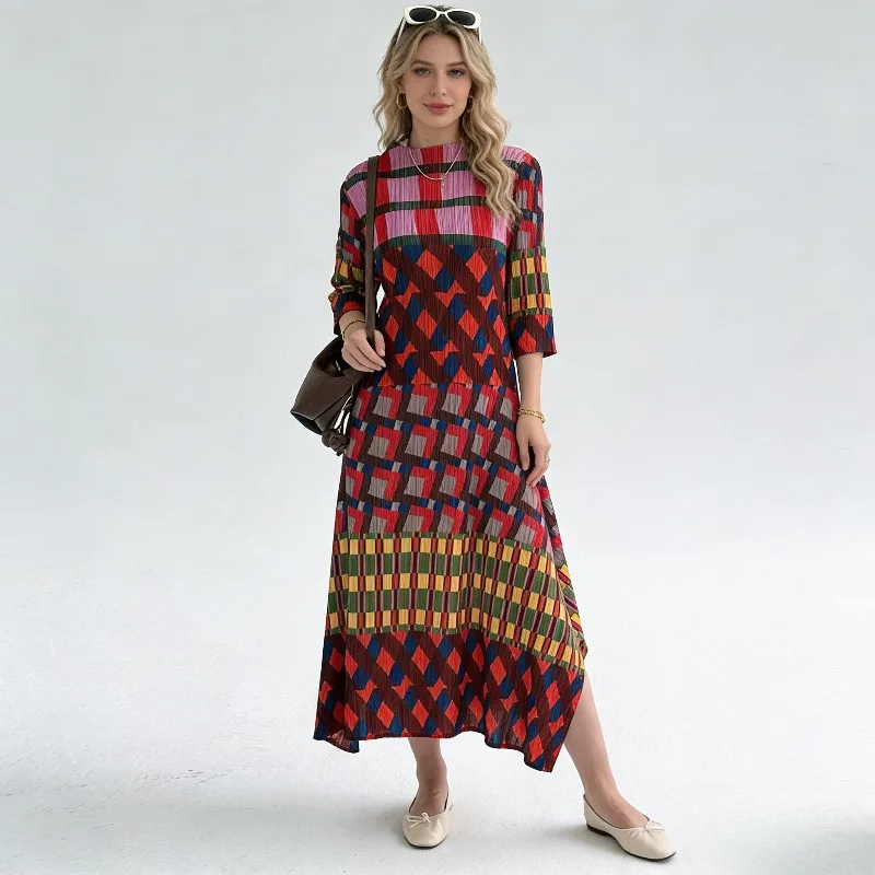 

Miyake Pleated 2026 New Spring Summer High-end Pleated Retro Geometric Print Dress Women Loose Casual Elegant Long Dress Pleat