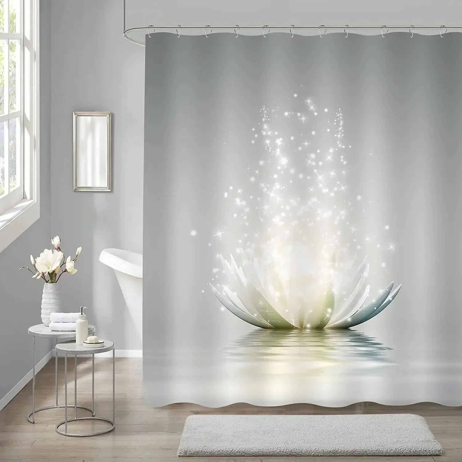 White Lotus Flower Shower Curtains for Zen Spa Bathroom Decor, Asian Floral Polyester Bath Curtain Set, Gift for Women and Girls