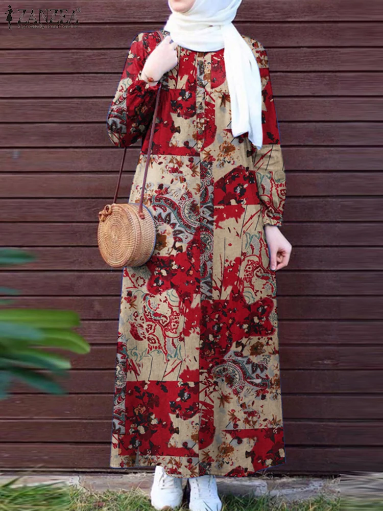 

ZANZEA Spring Women Muslim Dress Casual Dubai Turkey Abaya Hijab Sundress Marocain Eid Mubarek Vintage Floral Printed Vestido