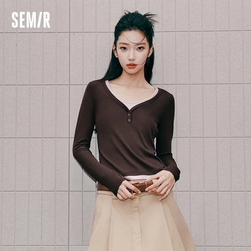 Semir Women Tshirt Long Sleeve Short Contrast U Neck Faux Two Piece Slim Tight Casual Autumn Top Daily Wear 2026