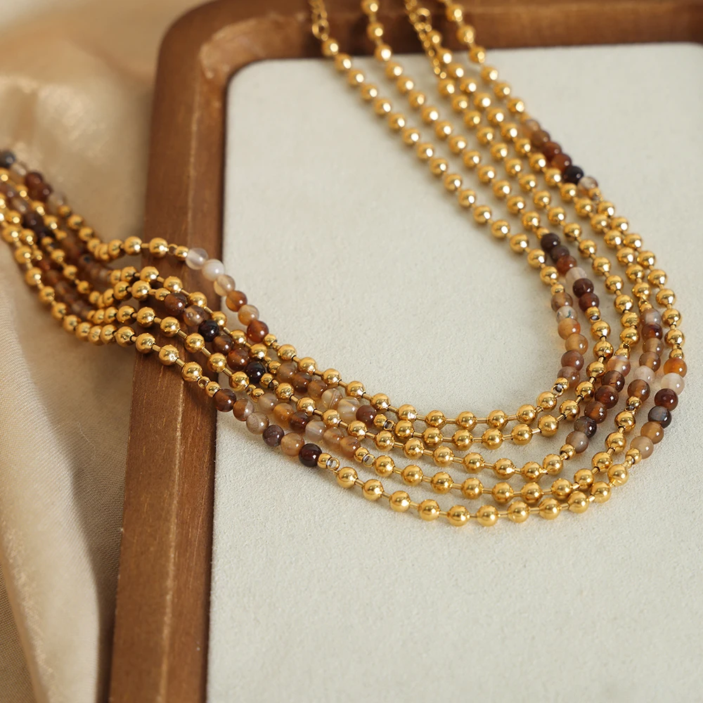 女性のための天然石ダブルレイヤースプライシングビーズネックレス、レトロな形の巻き戻しネックレス