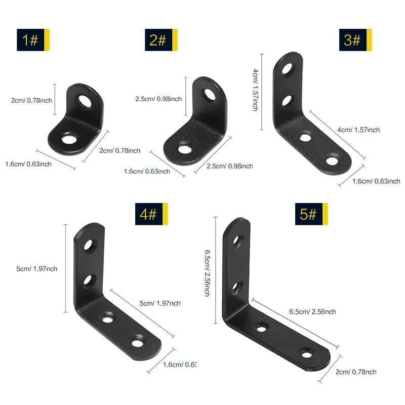 4-10 PCS Black Stainless Steel L Brackets, 20/25/40/50/65mm Right Angle Corner Braces, Joint Fasteners for Wood Chair Bookshelf