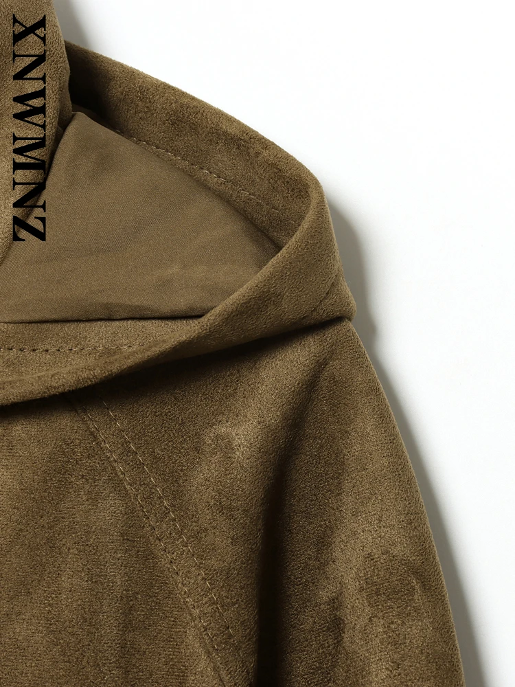 XNWMNZ 2025 Otoño señora desplazamientos moda manga larga con capucha cuello chaqueta de gamuza Vintage Simple invierno mujer marrón abrigo Casual