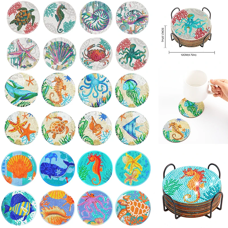 GATYZTORY 8/Pcs DIY Diamond Painting Coaster Animal Drink Cup Cushion With Holder Coaster Table Placemat Insulation Pad Diy Gift