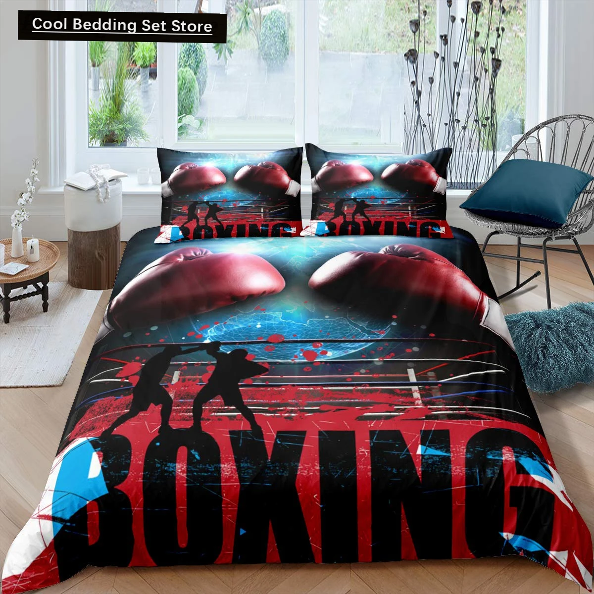 

Adult Boxing King Queen Duvet Cover Boxing Gloves Bedding Set Sports Games Athlete Quilt Cover Black Polyester Comforter Cover