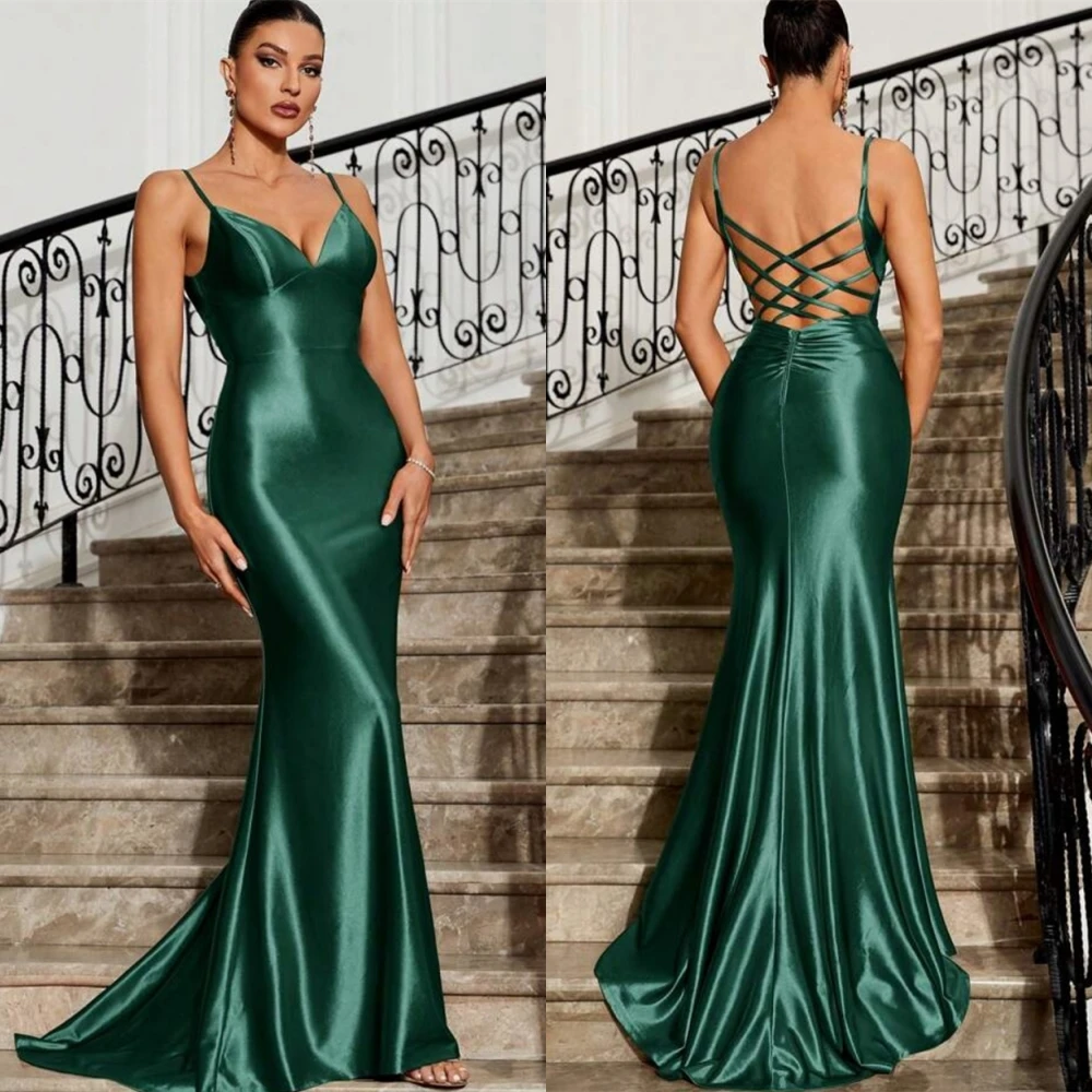 

Customized Graceful Spaghetti Straps Evening Dress and Exquisite Satin Celebrity Gowns and Temperament Lace Up Back Prom Dresses