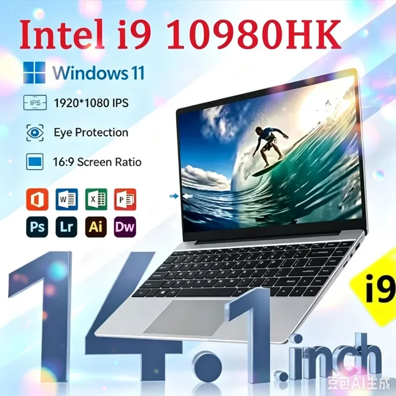New 14.1' Laptop Intel Core I9-10980HK 16GB 32GB 2TB Gaming PC Ultra Slim Office Study Computer PC Windows 11 Pro 1920*1080 HD