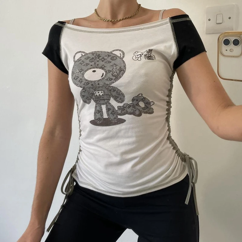 Indie Grunge 2000s Retro Cute Bear Print T Shirt Y2K Vintage Ruched Bandage Crop Tops Patchwork Short Sleeve Slim Fit Tees