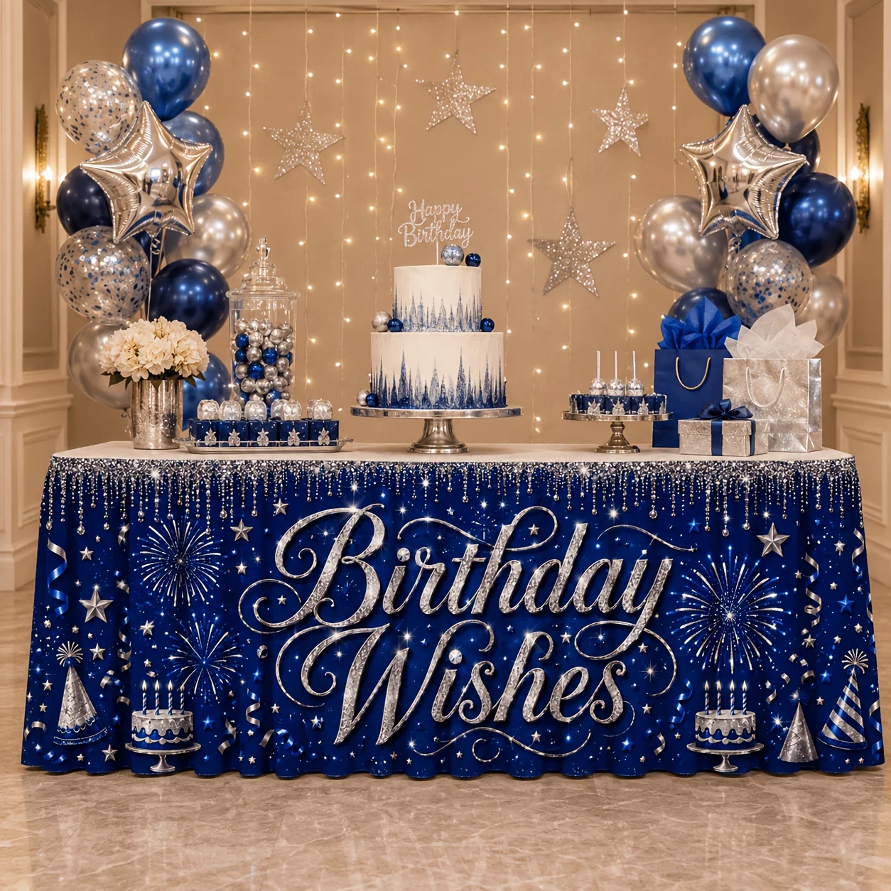 Tablecloth set of 1 piece. Dark blue and silver glittering powder birthday celebration cake candles and fireworks party.