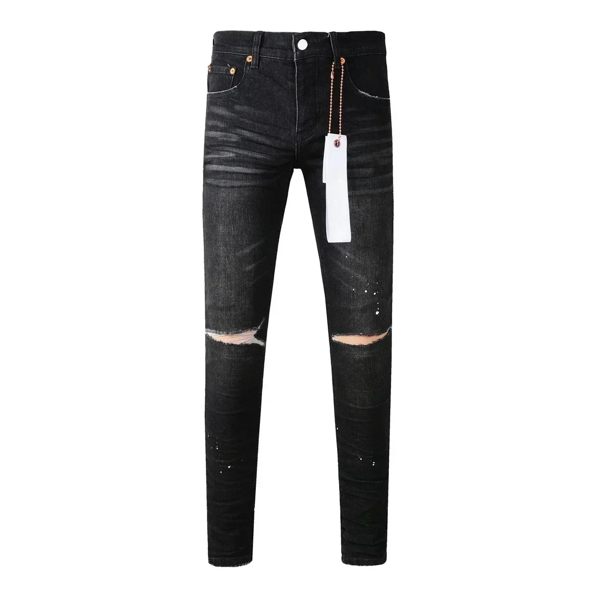 

2024 Purples Jeans Men Fashion high quality High Street Black Paint Dot Knife Cut Hole Repair Low Rise Skinny Denim brand Pants
