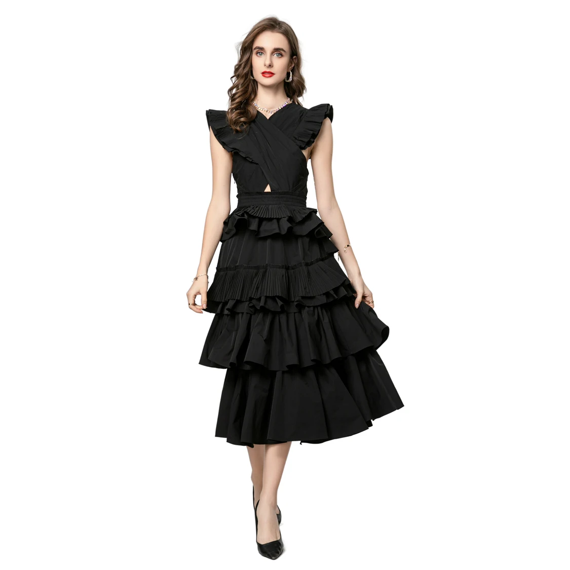 Vestidos femininos criss cross em camadas babados sexy fechadura elegante designer de moda festa vestido de baile