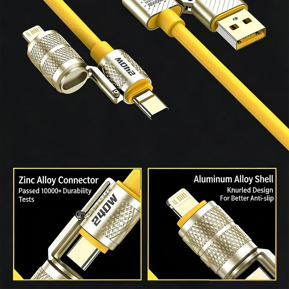 Zinc Alloy USB C Cable 4 in 1 240W Fast Charging Type C to C Travel Backpack Spare Data Line Emergency