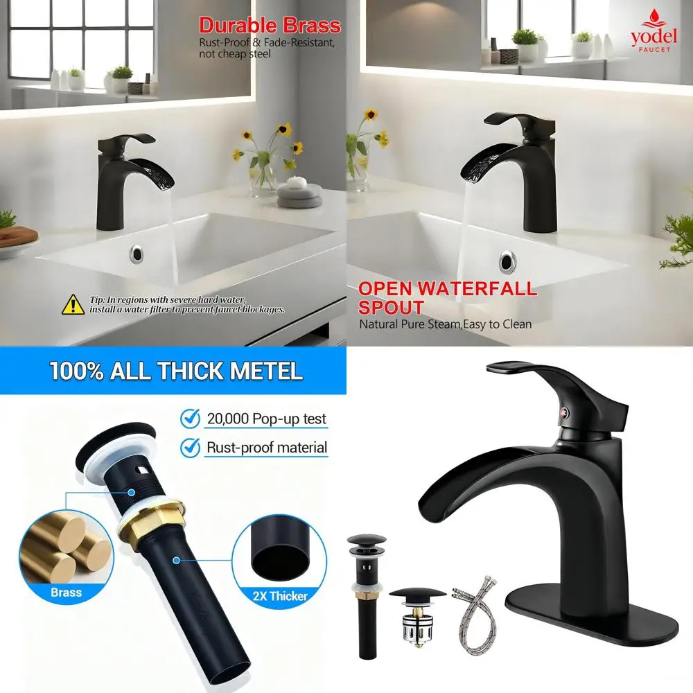 

Single Handle Matte Black Waterfall Bathroom Sink Faucet, 4 with Pop-Up Drain, 1 or 3 Holes Vanity Fixture