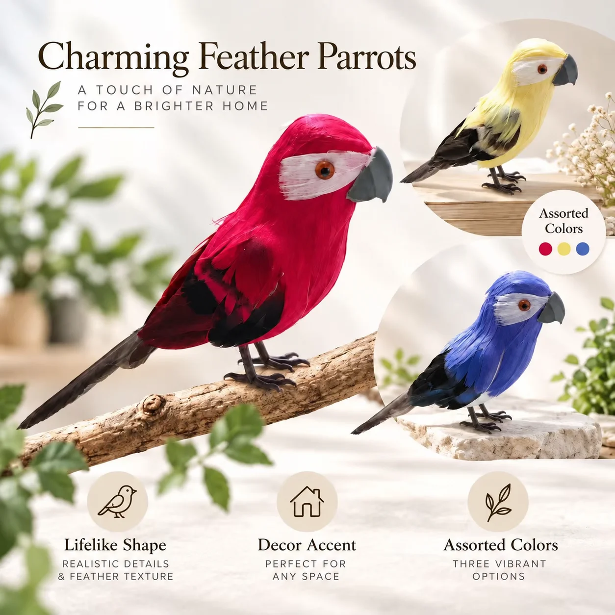 3PCS Feather Parrot Decorations Colorful Artificial Parrots for Home Garden Christmas Party Wedding Tabletop Decor