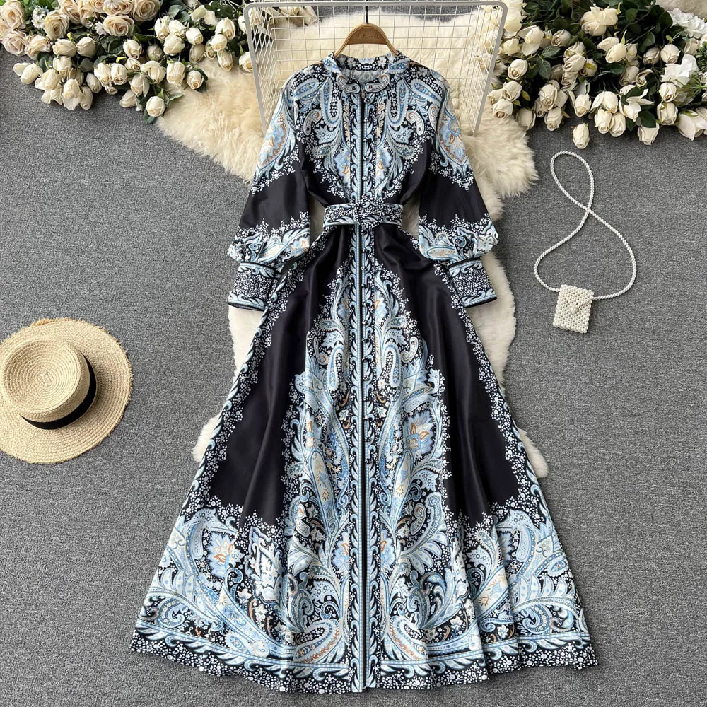 D060 Women New Fashion Spring Autumn Court Elegant Printing Single Breasted Thin A-line Dress Long Sleeve Vintage Vestidos