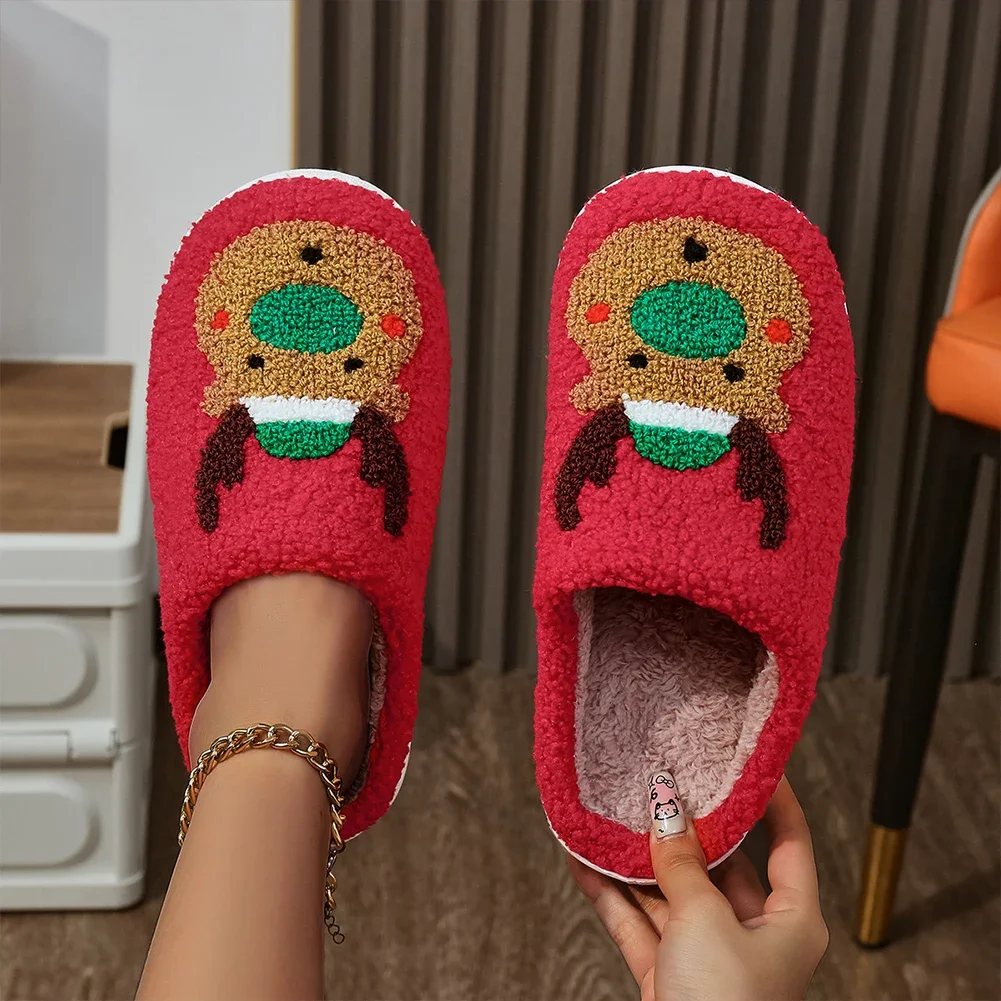 

Christmas Elk Plush Slippers Comfortable Flat Thermal Slippers Anti Slip Cute Animal Slippers Soft Couple Slippers for Men Women