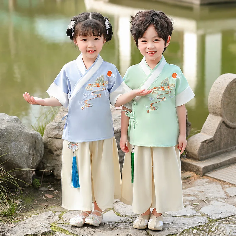 Cute Boy And Girl Ancient Chinese Hanfu Suit Vinatge Traditional Dance Perform Costume Kids Martial Arts Student Uniform Cosplay