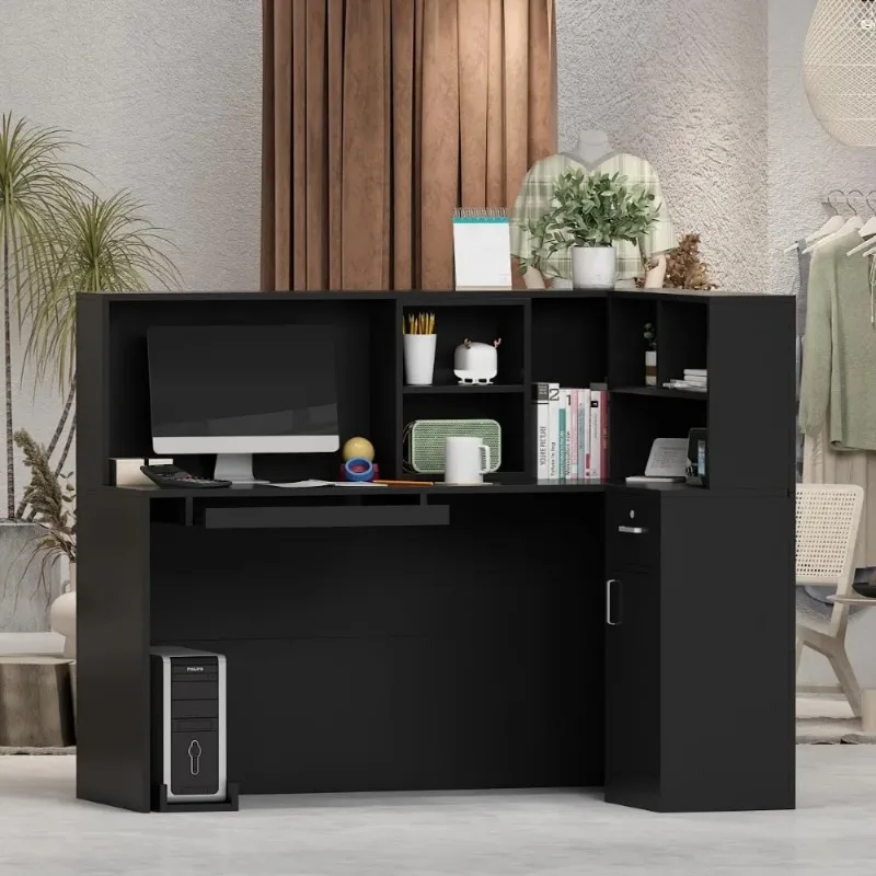 L-Shaped Reception Desk Counter Table with Lockable Drawers & Storage Shelves, Private Workstation , Black