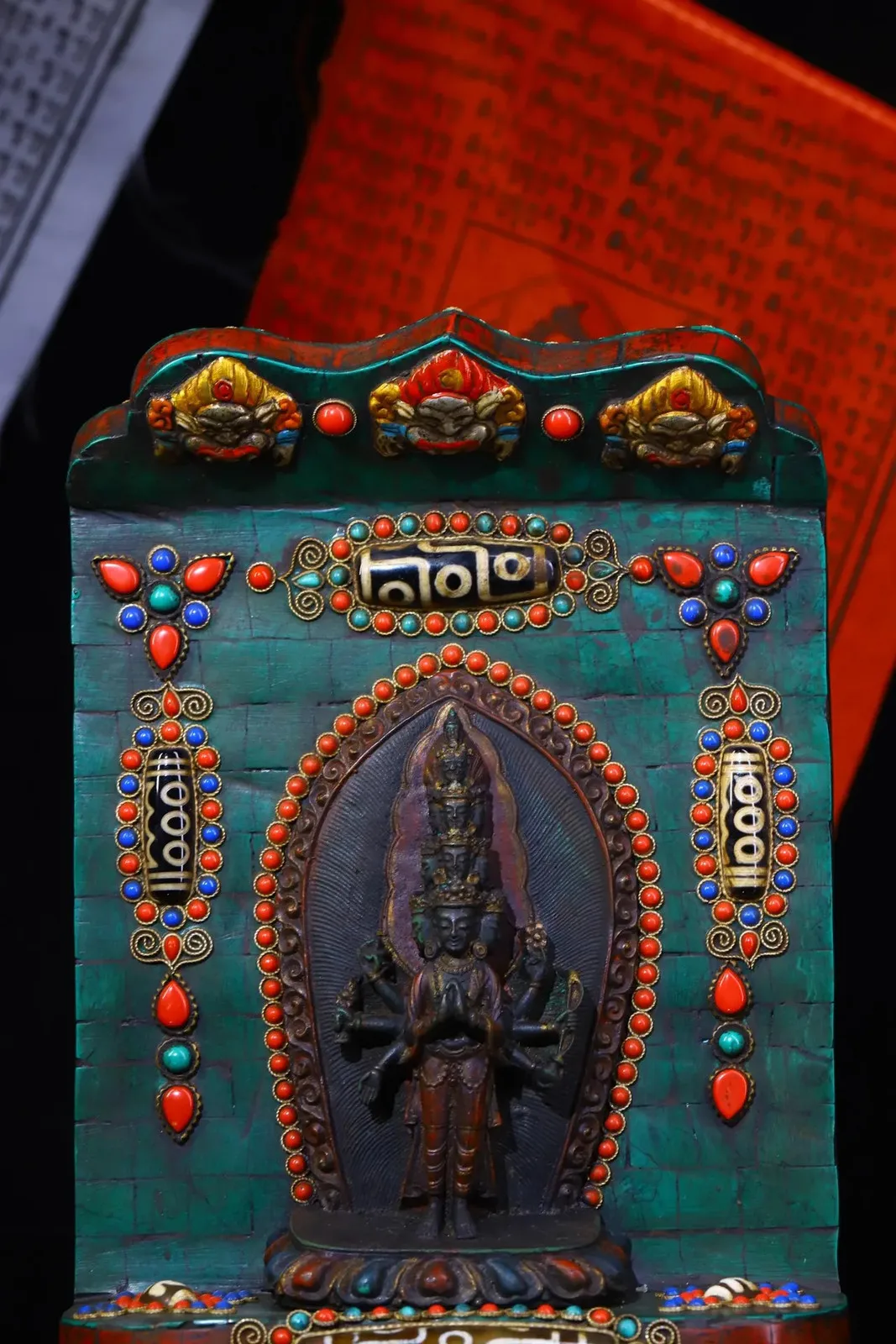 Bronze Painted Mosaic Gem gZi Beads Turquoise 1000 arm Guanyin Buddhist Niche