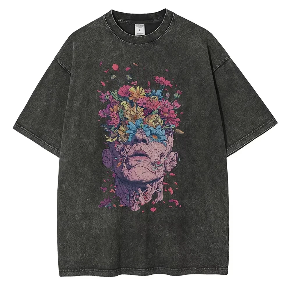New heavyweight T-shirt featuring a floral pattern of eyes and heads, men's vintage Van Gogh-style top