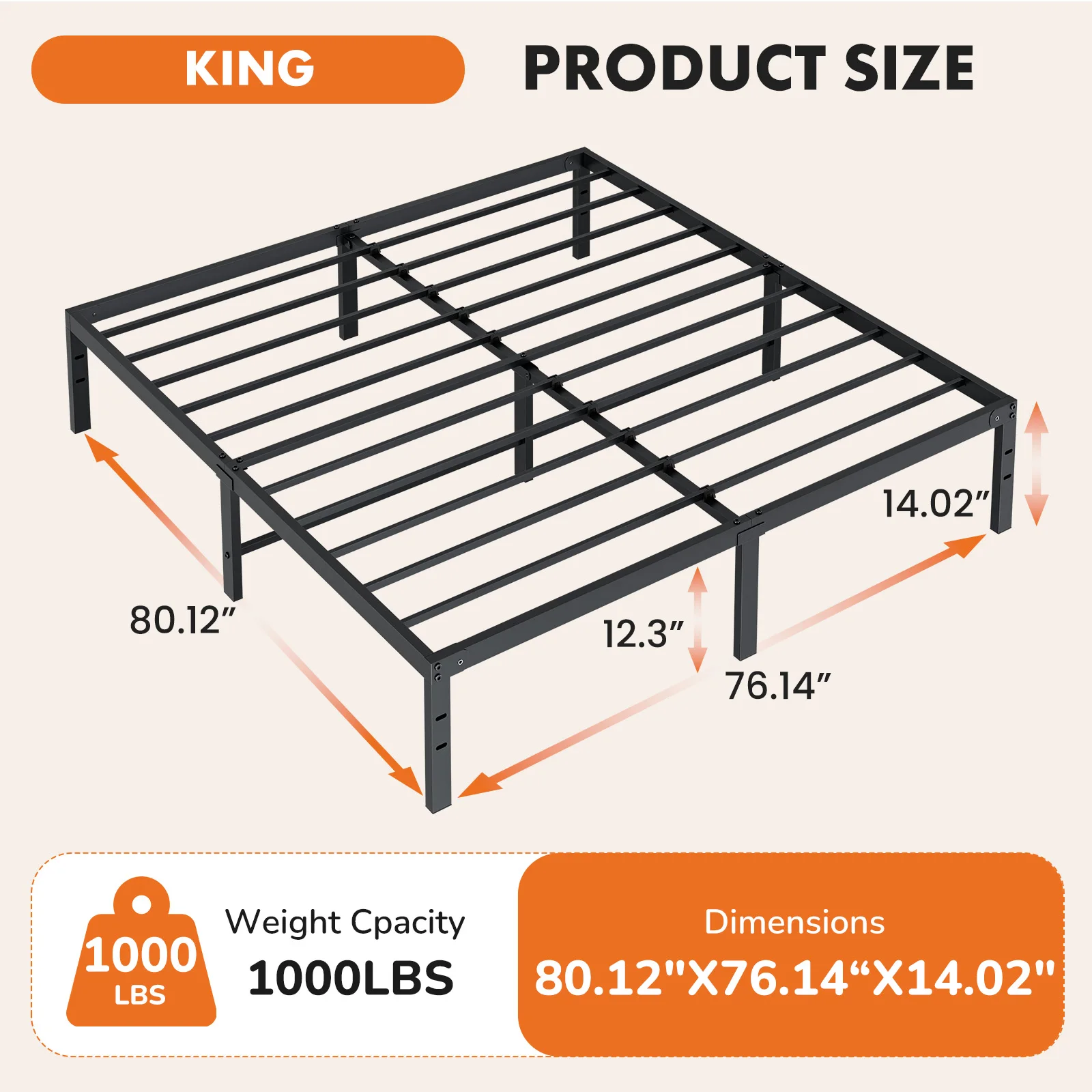 JHK Basic 14IN Twin Full Queen King Size Bed Frame Metal Platform Bedroom Frames with Storage Space Sturdy Steel Slat Support