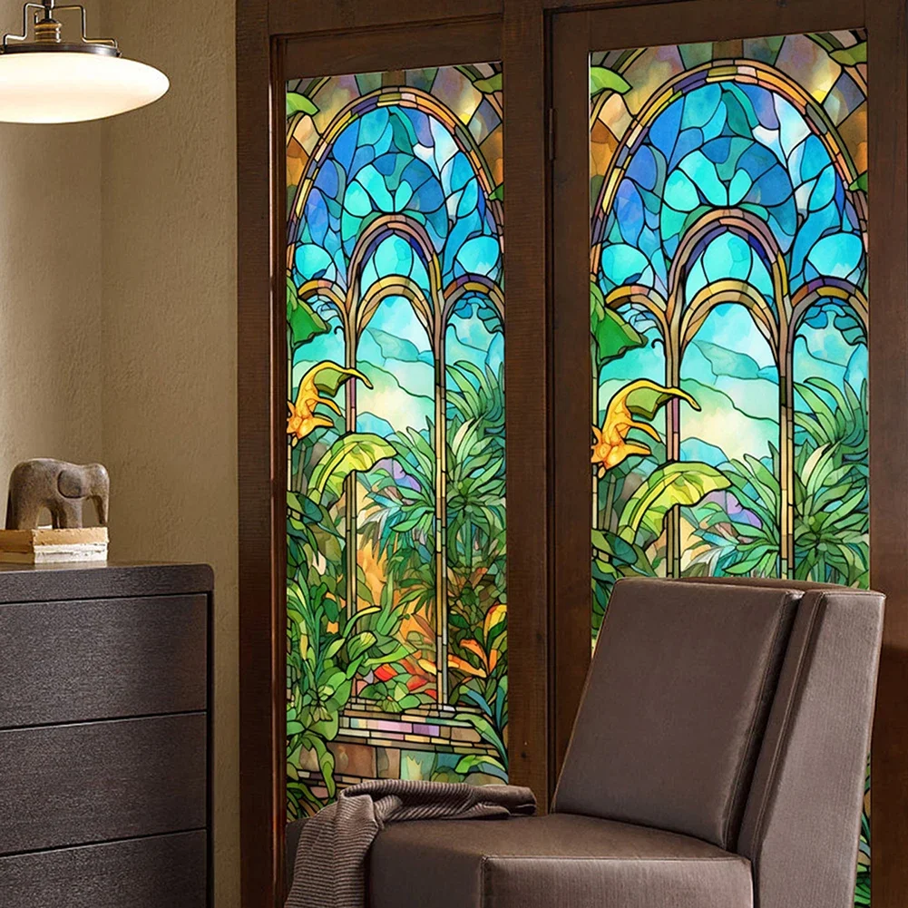 

PVC Stained Glass Window Film Non-Adhesive Removable Green Plant Window Sticker For Window Glass Decorations Wall Decor Sticker
