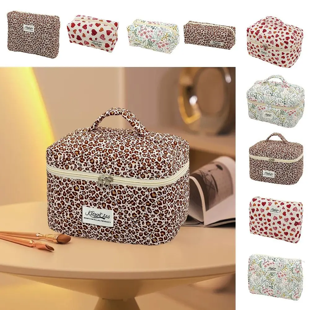 Cotton Floral Print Quilted Makeup Bag Handheld Multiple Sizes Leopard Print Cosmetic Bag Multi-functional Handbag Travel