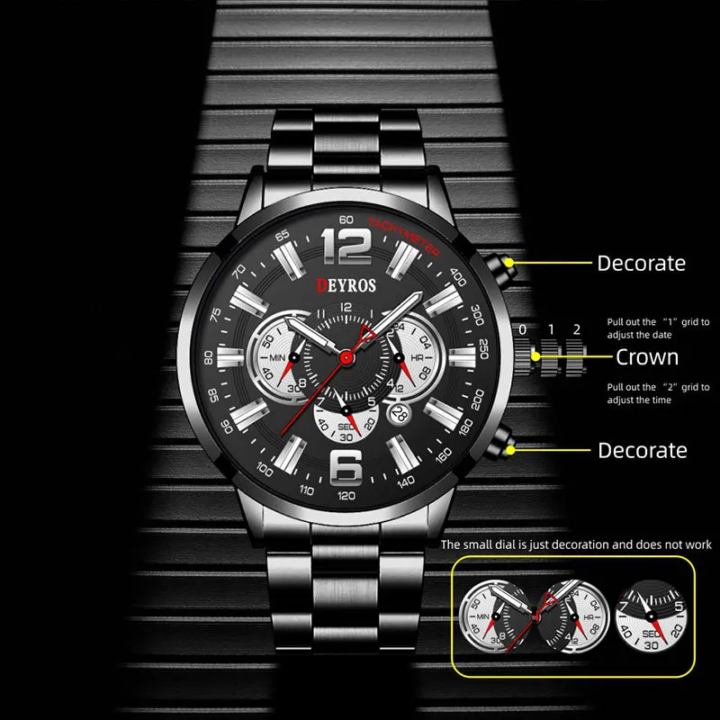 Fashionable Men's Calendar Stainless Steel with Double Scale Quartz Watch Luminous Sports Men's Watch