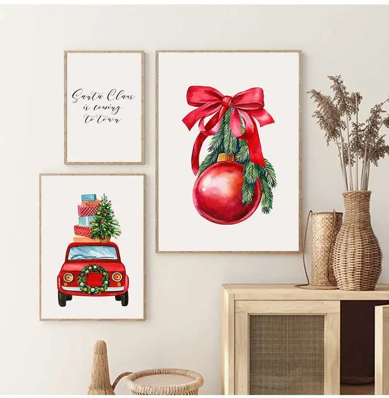 لوحة فنية جدارية حديثة وبسيطة، مجموعة عيد الميلاد الحمراء، هدية عيد الميلاد، ملصق مطبوع على قماش عالي الدقة، ديكور غرفة المعيشة المنزلية وغرفة نوم الفتاة