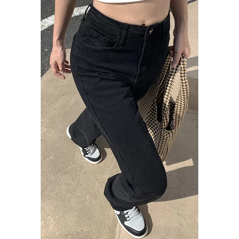 Woman Korean High Waist Streetwear Straight Leg Jeans Girls Y2k Clothes Pants Female Fashion Black Baggy Harajuku Denim Trousers