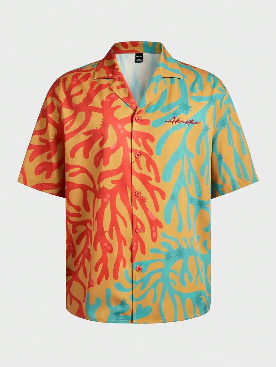 

Men's Loose Fit Short Sleeve Button-Up Shirt with Abstract Coral Print, Summer Casual Wear