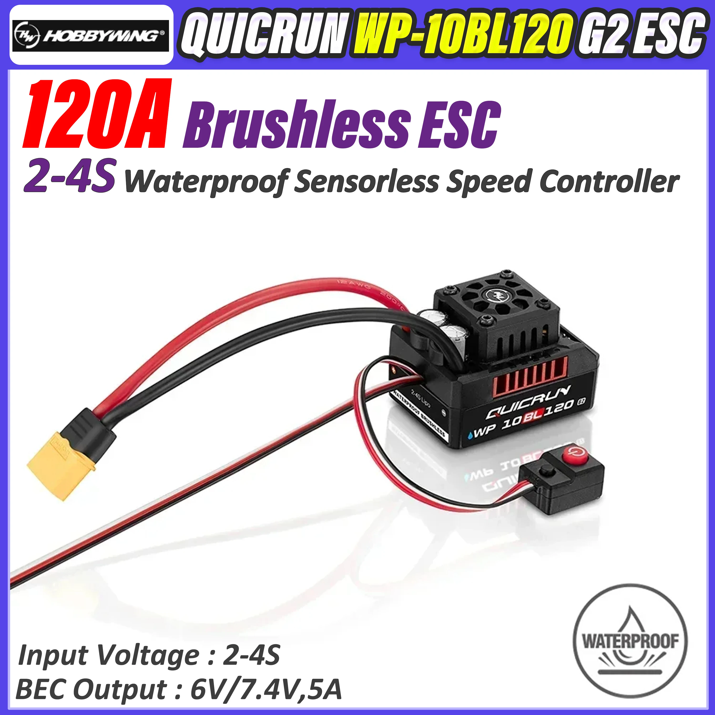 

Hobbywing QUICRUN WP 10BL120 G2 ESC 120A 2-4S Водонепроницаемый бесщеточный регулятор скорости без датчиков для радиоуправляемых машин 1/10 1/12, запчасти